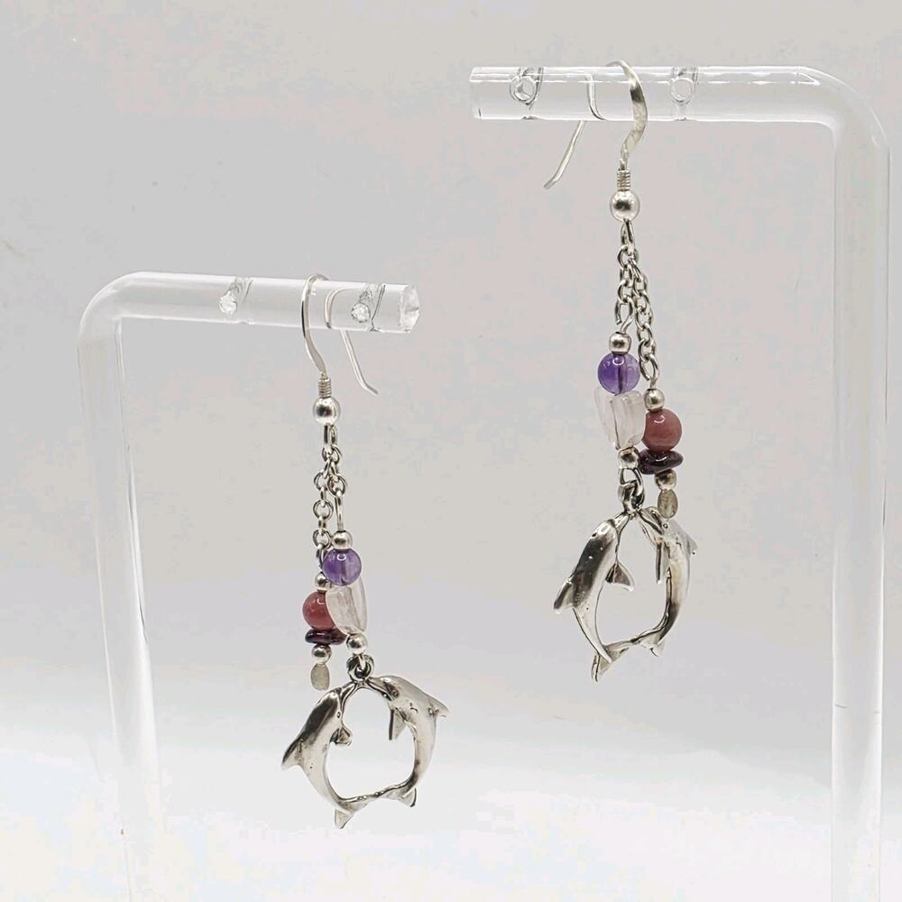 925 Sterling Silver Dolphins w/Purple Pink Clear Stone Bead Dangle Earrings